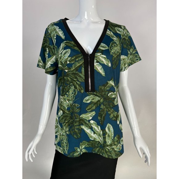Love Scarlett Zip Front Leaf Pattern Top Size Large Blue, Green Polyester Blend - Picture 15 of 16